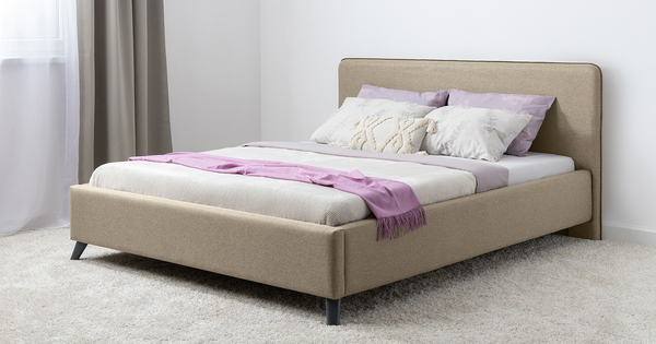 Кровать Миа 160 рогожка бежево-коричневый, кант желтовато-коричневый с ортопедическим основанием и подъемным механизмом