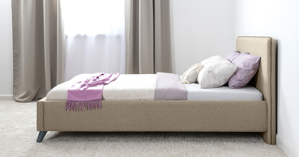 Кровать Миа 180 рогожка бежево-коричневый, кант желтовато-коричневый с ортопедическим основанием и подъемным механизмом