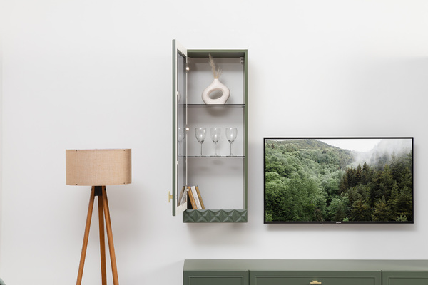 Шкаф навесной Марион 16.334 дымчатый зеленый K521, олива шагрень AG 1050 ПВХ (собирается на любую сторону)