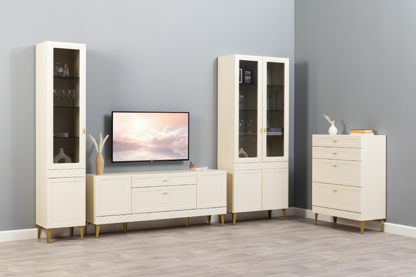 Гостиная Марион композиция 2 слоновая кость С341 PE, слоновая кость 6898 ПВХ, белый PE шагрень (собирается на любую сторону)