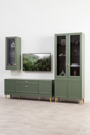 Гостиная Марион композиция 2 дымчатый зеленый K521, олива шагрень AG 1050 ПВХ, белый PE шагрень (собирается на любую сторону)