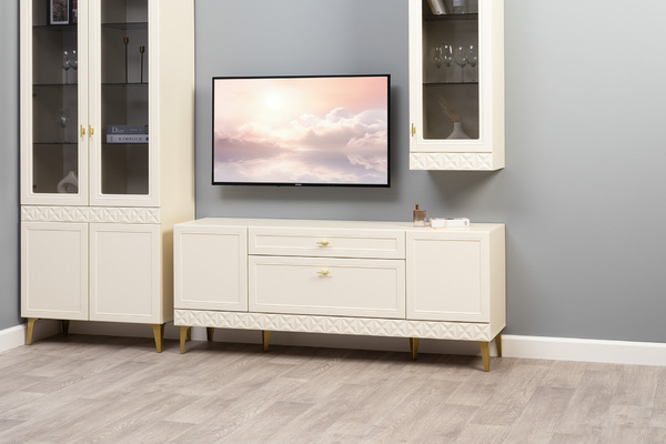 Гостиная Марион композиция 1 слоновая кость С341 PE, слоновая кость 6898 ПВХ, белый PE шагрень (собирается на любую сторону)