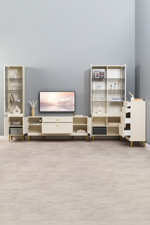 Гостиная Марион композиция 2 слоновая кость С341 PE, слоновая кость 6898 ПВХ, белый PE шагрень (собирается на любую сторону)