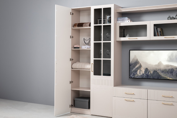 Гостиная Ричфорд композиция 1 без карнизов, кашемир 5981 BS, моно керамика D166-2 ПВХ, белый PE шагрень (собирается на любую сторону)